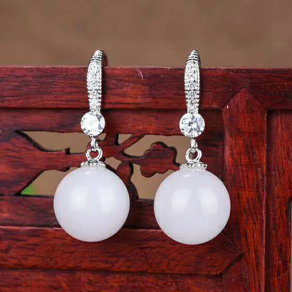 Drop Shipping Real 925 Sterling Silver Drop Earrings Ear Pin Natural Round Jade Handmade Fine Jewelry For Women Wedding Earrings