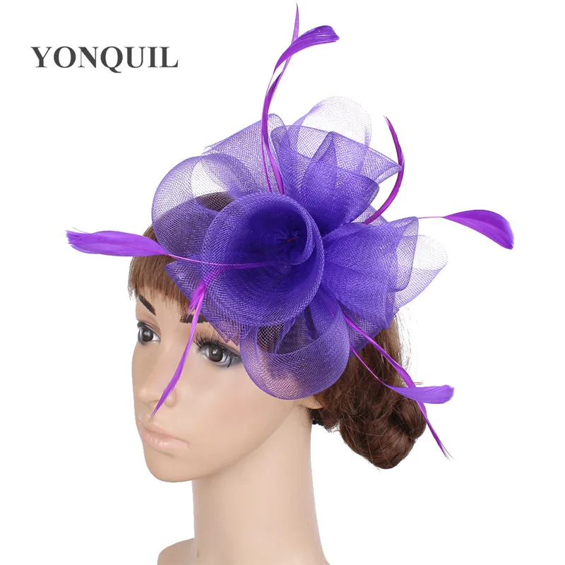 Головные уборы с перьями хорошего качества Свадебные шляпы для фиолетового свадебного торжества головные уборы в розницу несколько цветов MYQ037 - Цвет: Фиолетовый