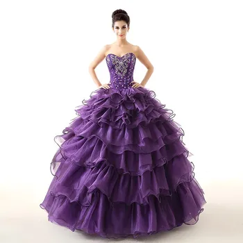 

100% Real Images Purple Quinceanera Dress Sexy Hot Sale Long Ruffles Beaded Backless Formal Party Gown Plus Size Promotion