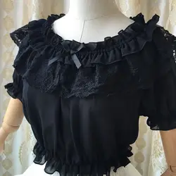 Летняя черная шифоновая свободная Шея с коротким рукавом Лолита Готическая рубашка Сексуальная Блузка женские топы и блузки с оборками Roupa