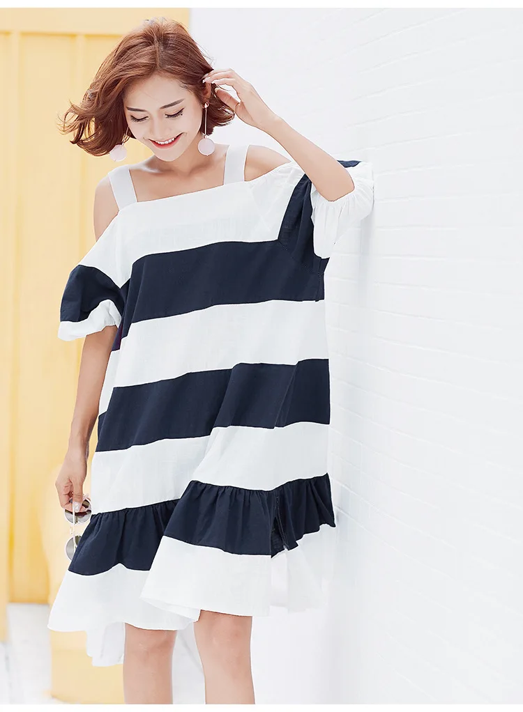 Slash Neck Stripes Bubble Sleeves Loose Dress