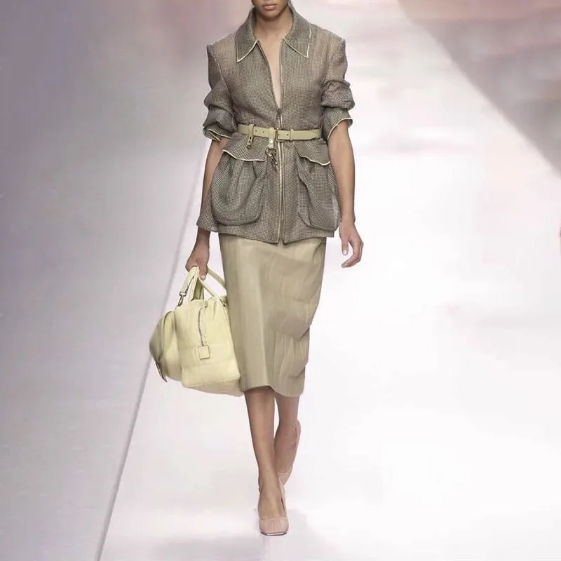 discount TWOTWINSTYLE Hollow Out Solid Jacket For Women Lapel Collar Long Sleeve Zipper With Sashes Coat Fem