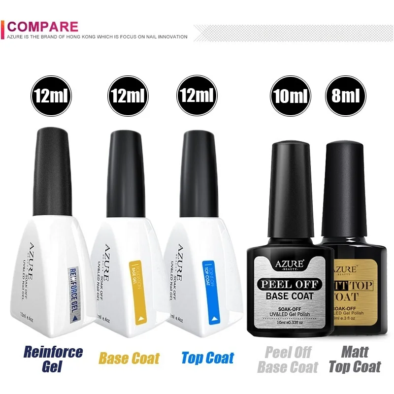 

AZURE BEAUTY Base Coat Top Coat Nail Art Set Soak Off Reinforce Gel UV Gel Polish Manicure Set Brand Azure Matte Top Coat Gel