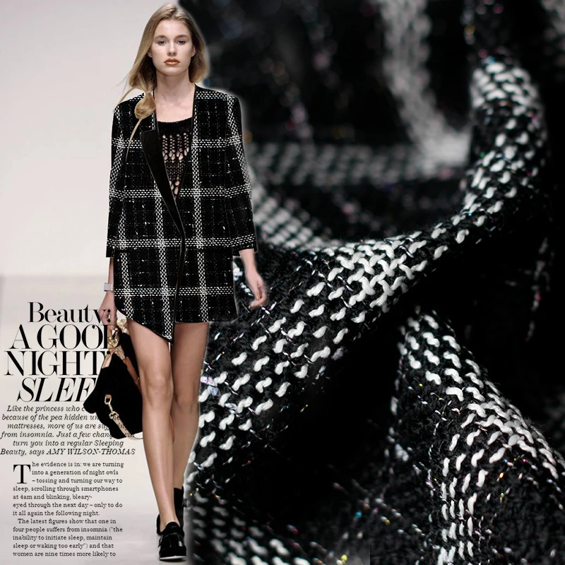 

150cm width 600g/m black color polyester materials tweed yarn dyed autumn coat jacket DIY clothes fabrics