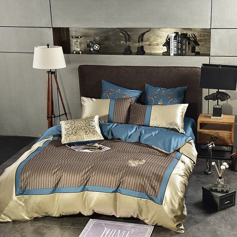Business Man Blue White Gold Duvet Cover Bed Sheet Set Luxury