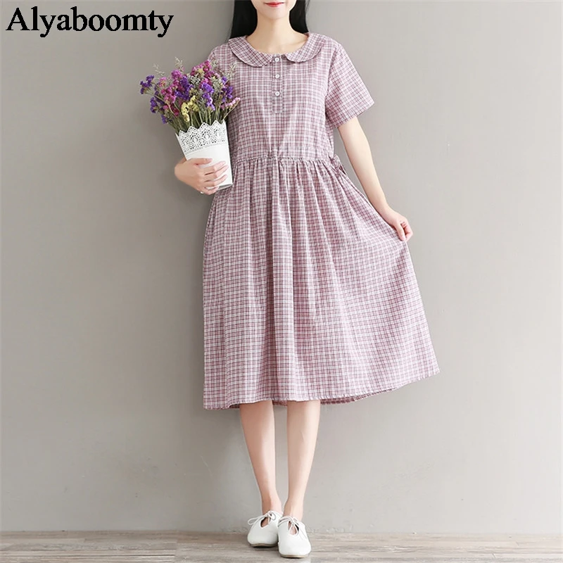 

Mori Girl Summer Women Plaid Dress Peter Pen Collar Cotton Linen Femme Vestidos Short Sleeve Casual Loose Vintage Dress