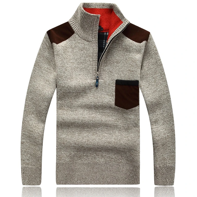 Новинка зимы, мужской свитер из флиса, модный, на молнии, со стоячим воротником, толстый, тонкий, утолщенный, Повседневный, мужской, брендовый свитер AF1388 - Цвет: Бежевый