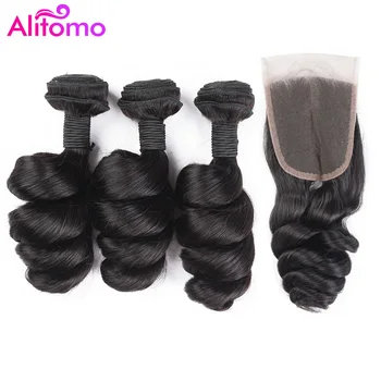 

Alitomo Mongolian Hair Weave 3 Bundles With Lace Closure 4*4 Loose Wave Remy Human Hair Bundles With Closure Natural Color 8-26