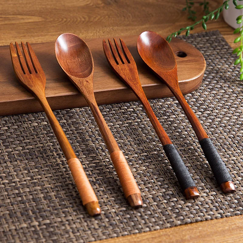 Set of 2 Wooden Spoon Fork Set Long Handle Japanese Style Wood Soup Spoon Dinner Salad Fork Kids Outdoor Cutlery Kitchen Utensils (1)