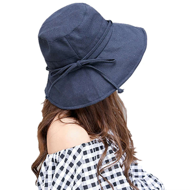 Summer Bucket Hat Women Cotton Linen Wide Large Brim Caps With Bow