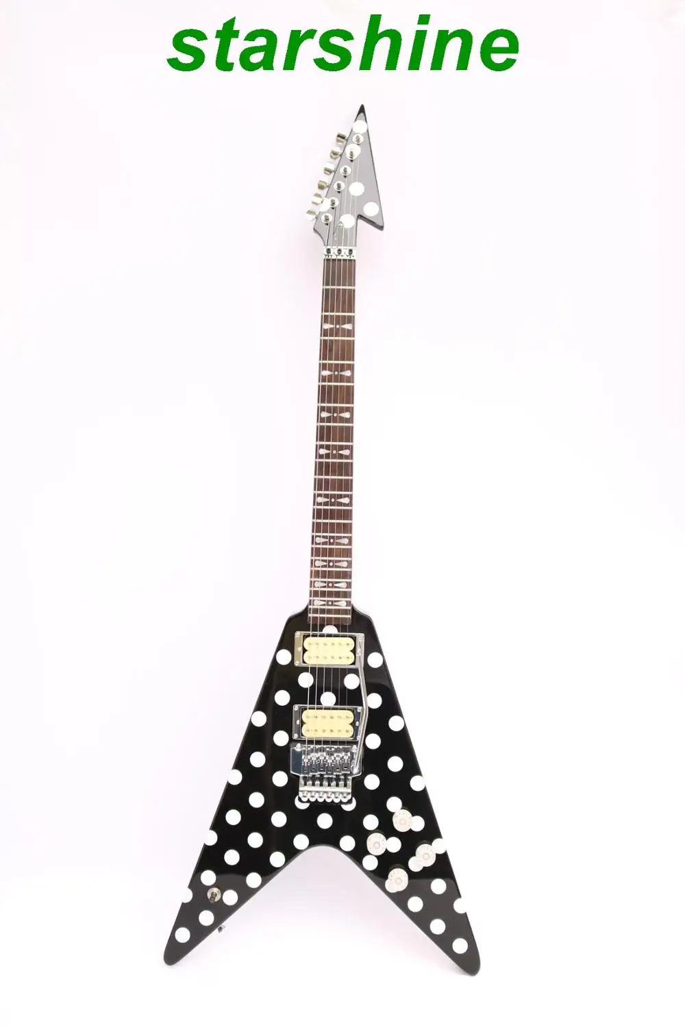 Starshine quality black polka dot v shape electric guitar bow tie inlay