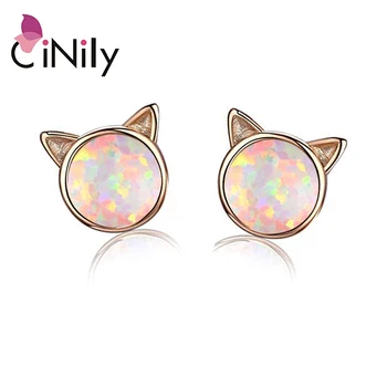 

CiNily Blue & Pink & White Kitty Small Stud Earrings Silver Plated Rose Cold Color Sexy Round Face Cat Cute Jewelry Girl