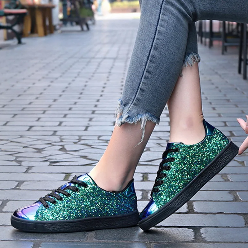 

2019 Women Sneakers Fashion Spring Shoes Casual Flat lace-Up Pink Bling Glitter Shining Beautiful Ladies Shoes Woman