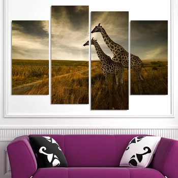 

4 Pcs High Quality Hot Sell The Family Decorates Two Giraffes Print in the Oil Painting On Canvas Wall Art Picture Unframed