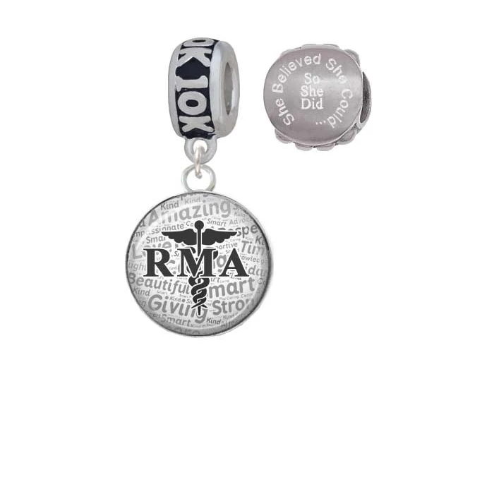 Silvertone Domed Black RMA 10K Run She Believed She Could Charm Beads (Set of 2)