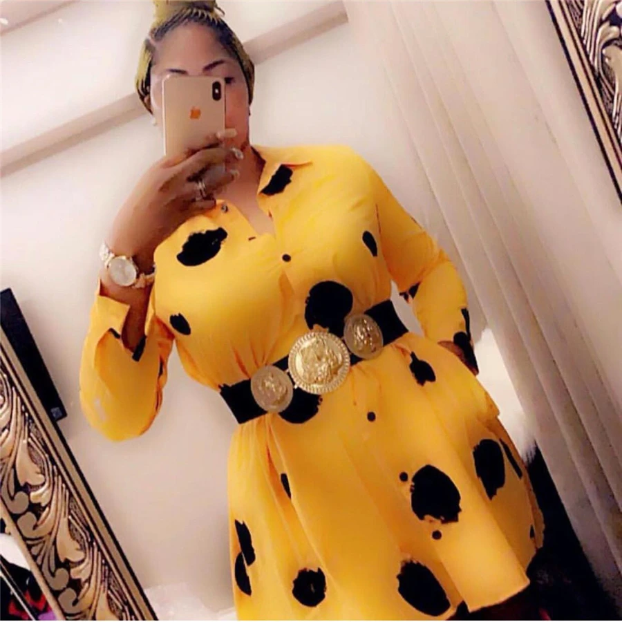 GuyuEra Women Fashion New York Fashion Show Doodle Dot Shirt Type Commuter Big Swing Dress