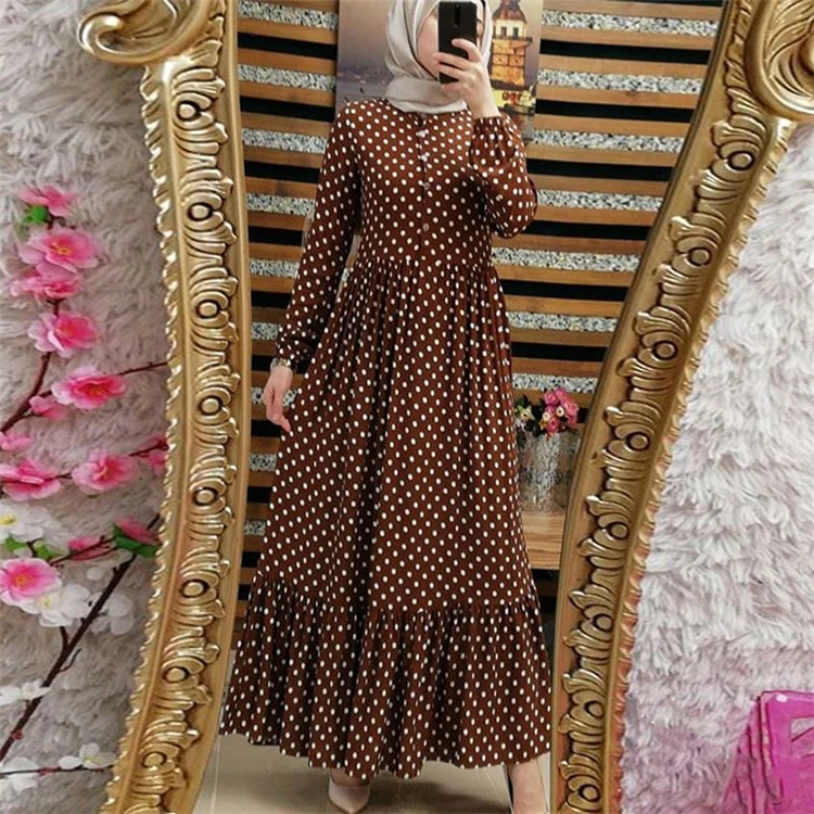 

WEPBEL New Arab Dubai Muslim Wave Point Dresses Plus Size Long Sleeve Retro Ruffle Fold High Waist Big Swing Islamic Apparel