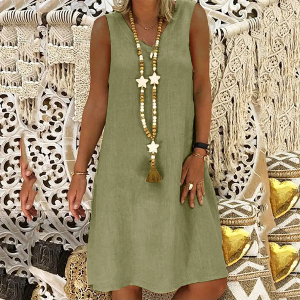New Summer Fashion Casual V-Neck Cotton Linen Dresses Loose Sleeveless Plus Size Women Dress 5.23