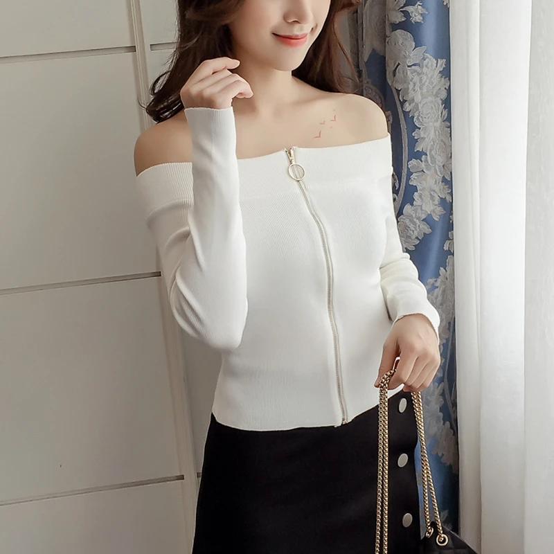 Leisure Zipper Female Sweater 2018 Autumn  Winter fashion New Cardigans Solid color Short Slash neck Shoulder off Women Tops