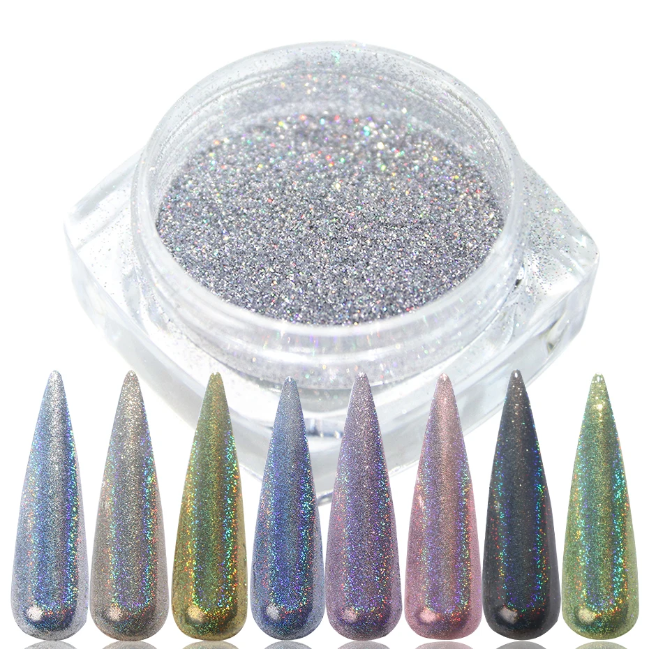 

1box Holographic Rainbow Mirror Chrome Nail Powder Holo Shimmer Chameleon Glitter Powder Silver Black Manicure Gel Dust LE1028