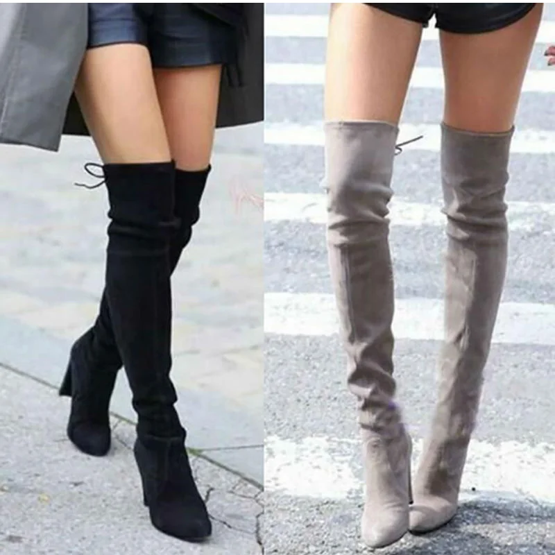 Acheter Femmes Hiver Cuisse Haute Bottes En Cuir Suédé Talons hauts lacent des Femmes Sur Le Genou Bottes De Mode Plus La Taille Chaussures drop Shipping
