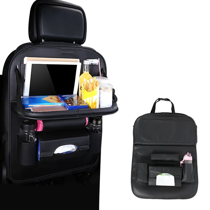 

Car Black Seat Back Bag Folding Table Organizer Pad Drink Chair Storage Pocket Box Travel Stowing Tidying Automobile Accessories