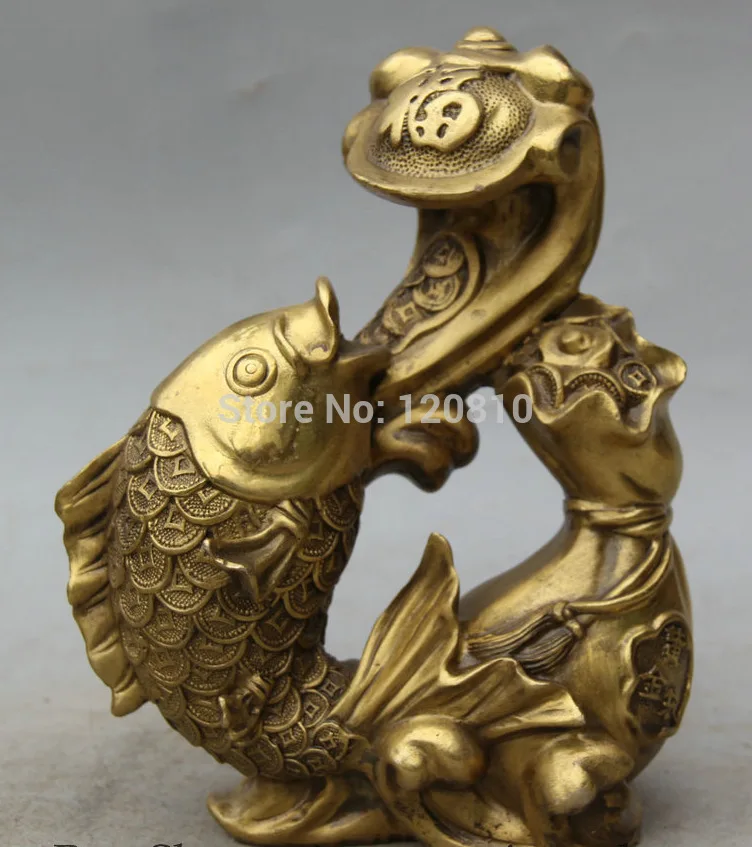 

8' Chinese Brass Animal Fish barracuda Ru Yi Money Bag Wealth Statue Sculpture