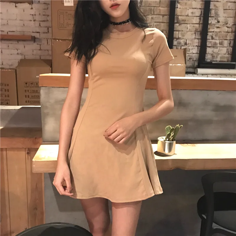 

Mazefeng 2019 New Summer Fashional Women Casual Dresses Ladies A-Line Bottoming Dress Solid O-neck Women Above Knee Dress Slim