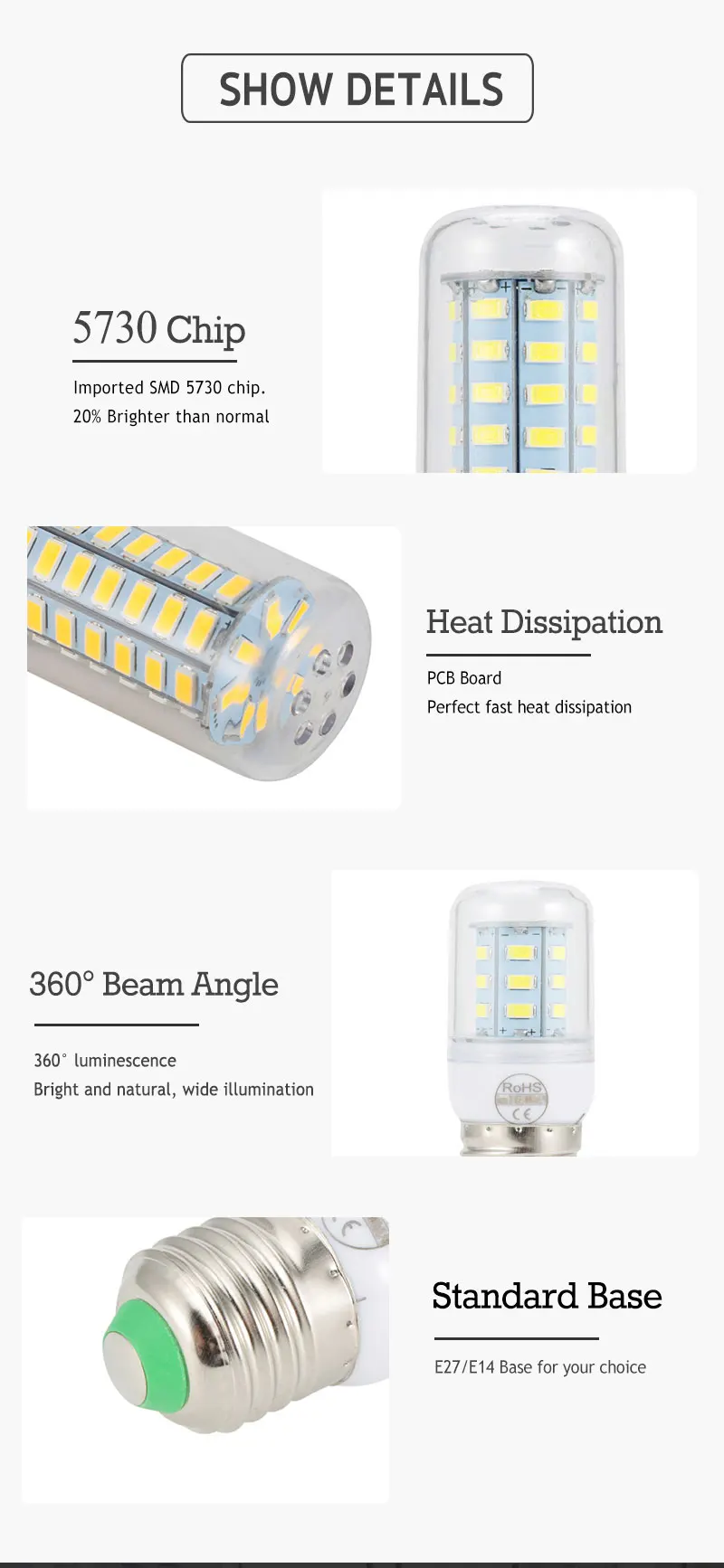 Светодиодный лампы высокой Яркость E27 E14 24 36 48 56 69 72 светодиодный S SMD 5730 дневные, светодиодные лампы кукурузы 220 V энергосберегающие лампы