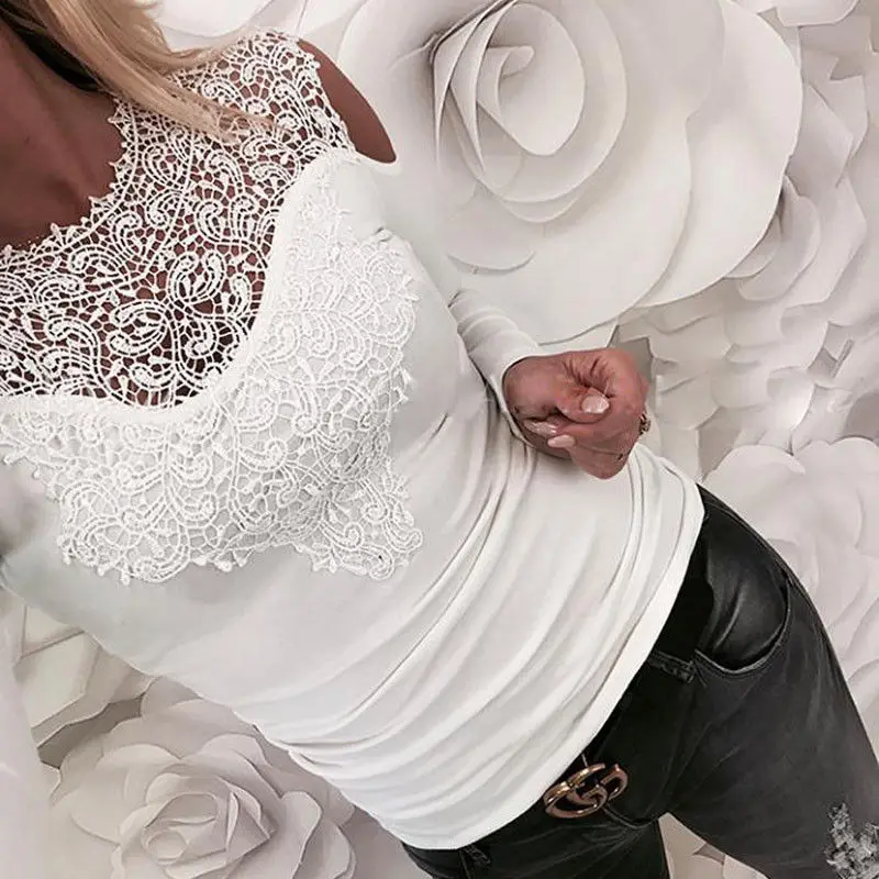 

Womens Cold Shoulder Lace Hollow Out Casual T-Shirt Ladies Long Sleeve Tops Stylish