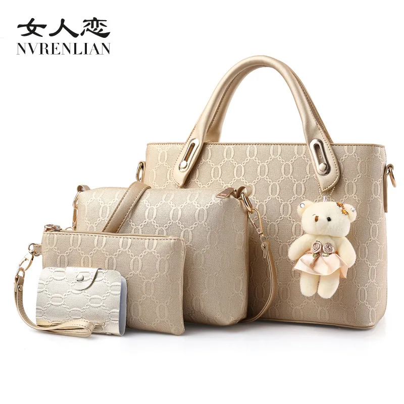 

4 PCS/Set Women Bag Top-Handle Bags 2017 Fashion Women Messenger Bags Shoulder Handbag Purse Wallet Leather Composite Bag