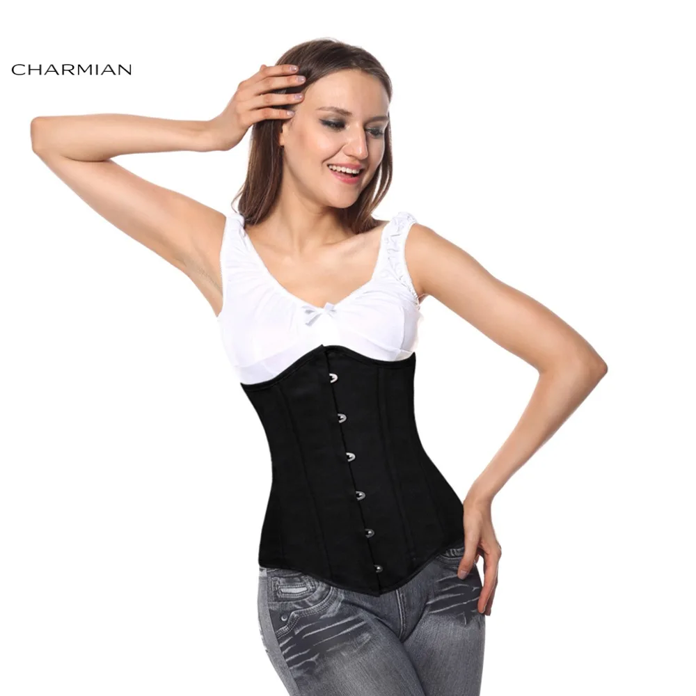 Charmian Women Corset Waist Trainer 26 Steel Boned Plus Size Long Torso Training Underbust Corset Waist Chain Steampunk Clothing