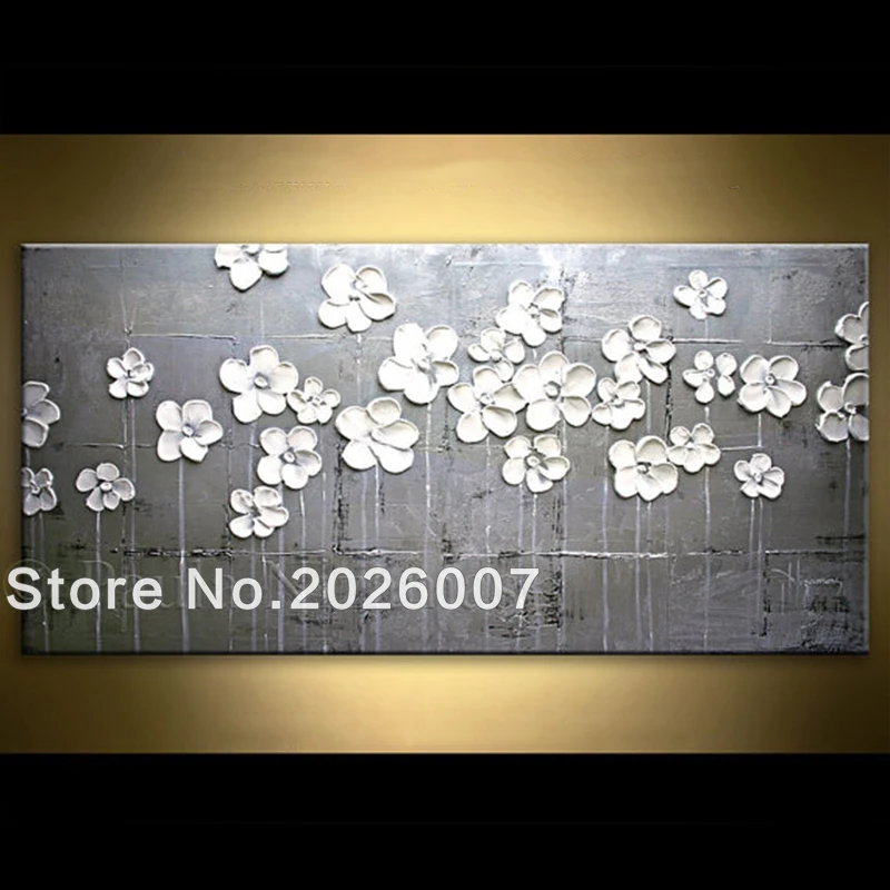 

Hand Painted Abstract Metallic and White Flower Thick Palette Knife Oil Painting On Canvas Bedroom Decor Living Room Art