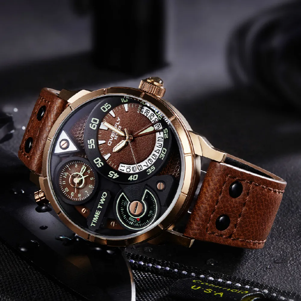 

EYKI Men Watches Big Dial Dual Time Zone Leather Quartz Watch Male Military Sports Waterproof Luminous Clock Relogio Masculino