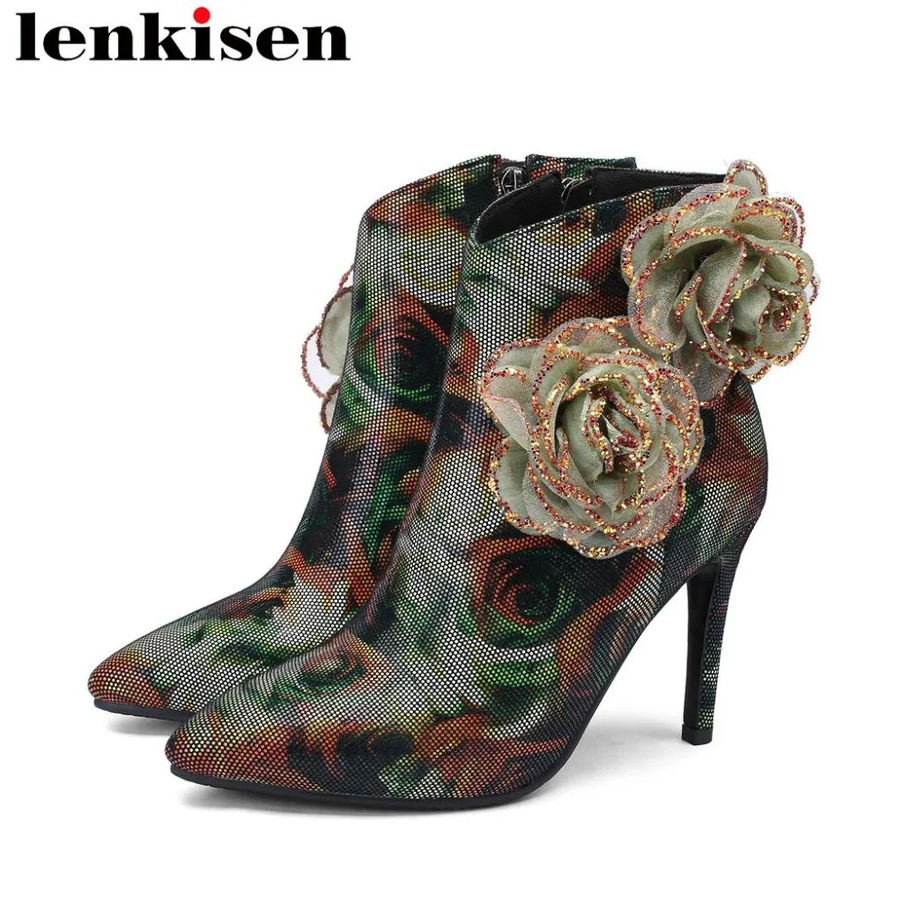 

Lenkisen mixed colors flowers appliques pointed toe thin super high heels plus size zipper kid suede fairy style ankle boots L15