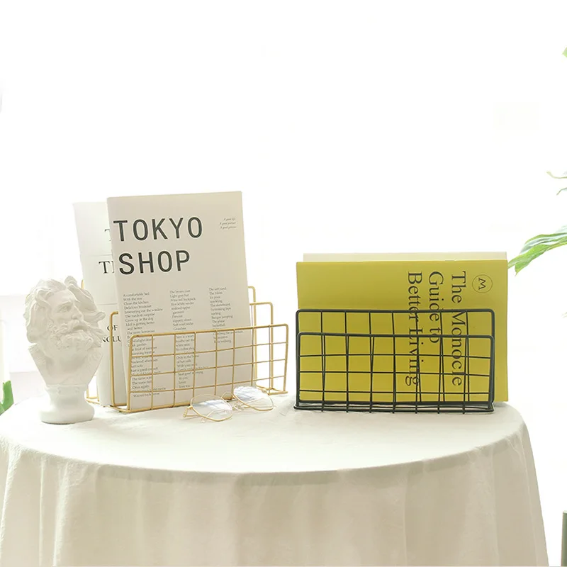 

Simple Iron Bookshelf, Table Desk Bedside Book Maganize Newspaper Organizer, Metal Grid Book Storage Rack Home Office Decoration