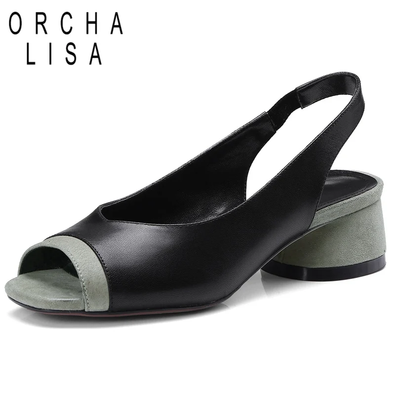 ORCHA LISA Women Full Genuine leather Peep toe low heel Pumps Summer ladies heels thick heel