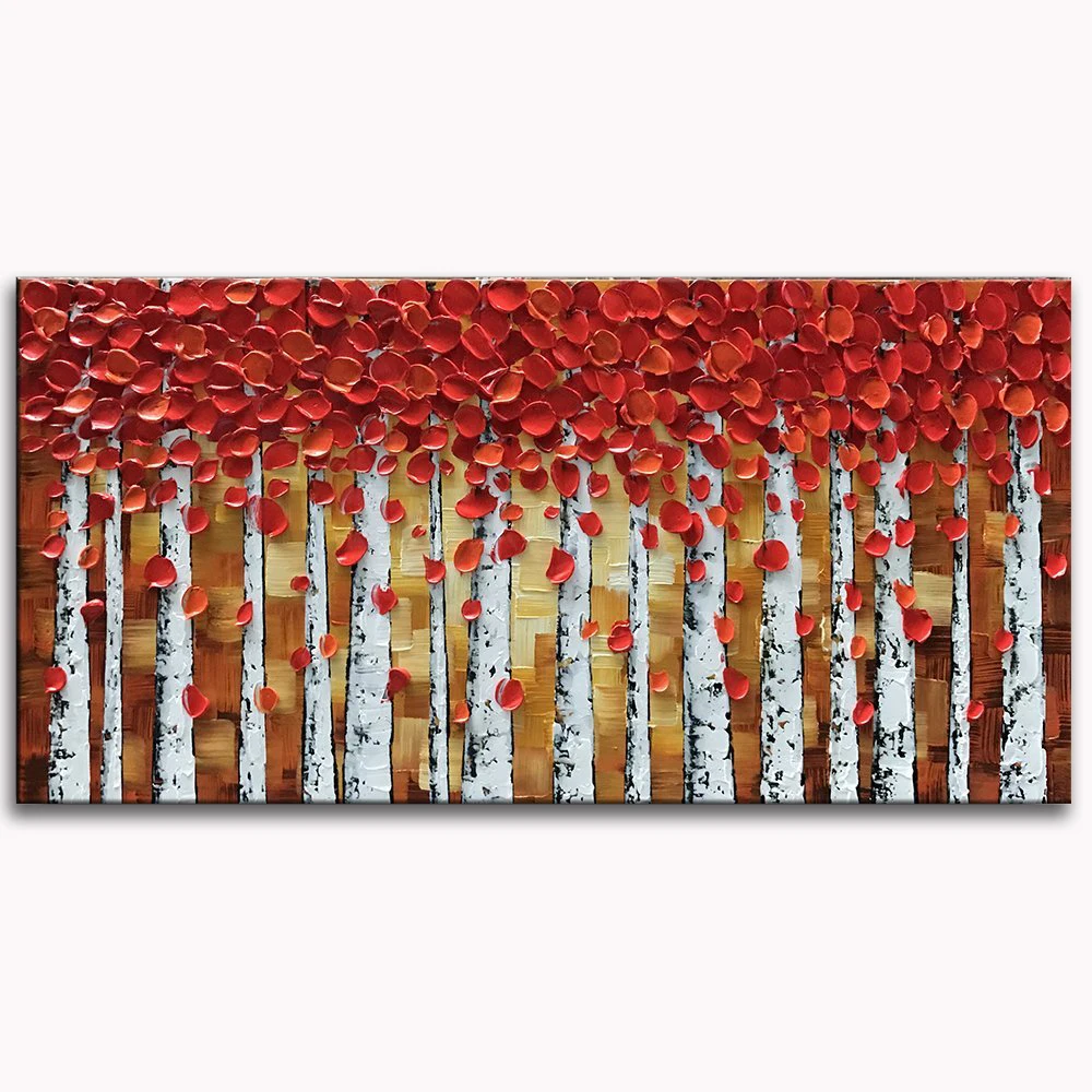 Handmade 3D Textured Birch Trees Canvas Painting Wall Art Abstract Framed Forest Landscape Tree Wall Painting Picture Artwork for Living