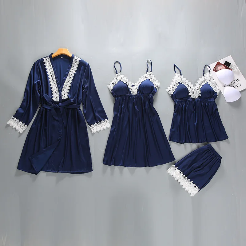 Серый женский комплект из 4 предметов: топ на бретелях и штаны, пижама комплекты одежды для сна, весенне-осенняя домашняя ночная рубашка