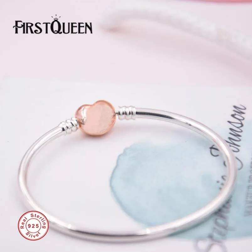 

FirstQueen Pure 925 Sterling Silver Bangle With Rose Gold Heart Clasp Fit Brand Charms Beads Fine Jewelry
