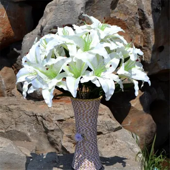

5p Fake Lily Bunch Flower Artificial Lilies White/Pink/Yellow/Purple Lily 9 Heads/piece for Wedding Artificial Decorative Flower