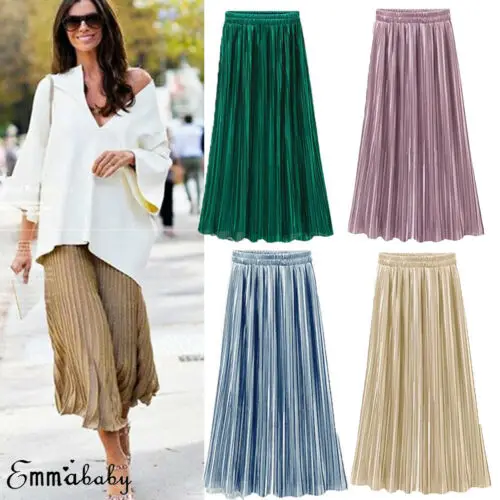 

Ladies Womens Stretch Metallic Luster High Waist Pleated Gold Sequined Vintage Skirts Elastic Double Layer Chiffon Long Skirt