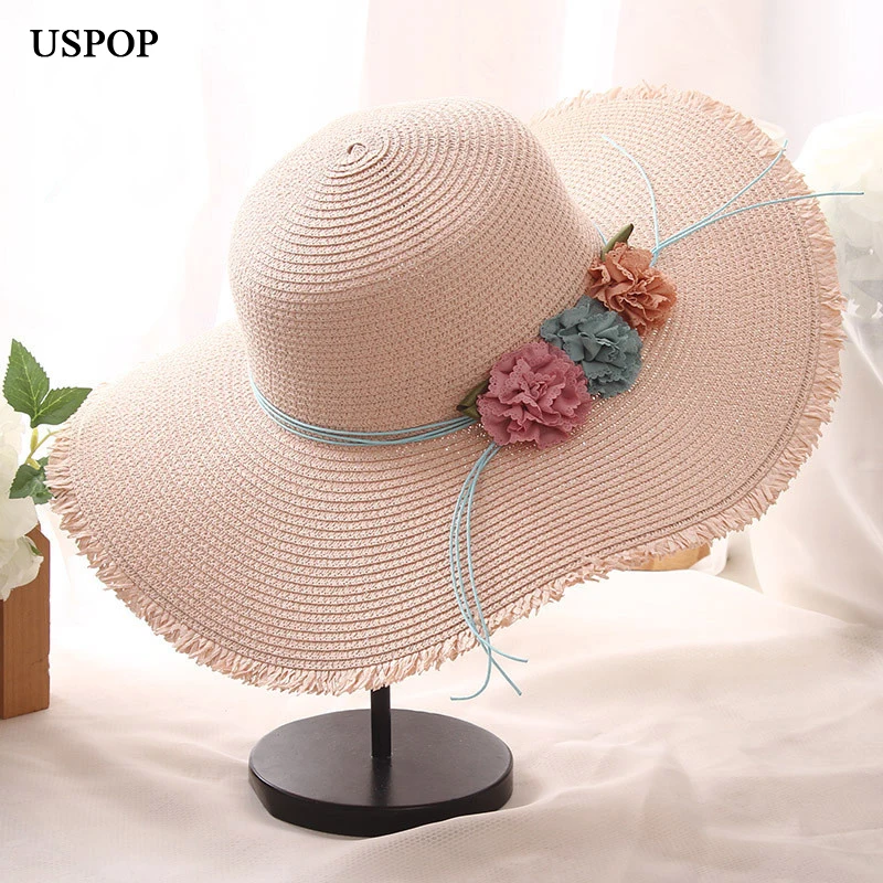 

USPOP 2019 New Fashion women summer fringed sun hats baby girl flower straw hat casual collapsible wide brim beach hat two size