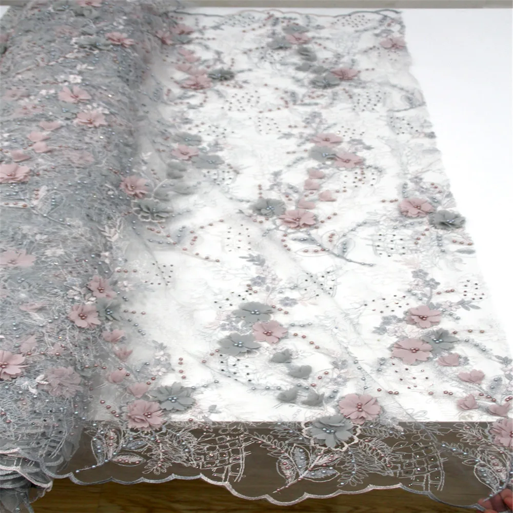 

Gray Color 3D Lace Fabric 2018 High Quality Lace 3D Embroidered French Beaded Tulle Lace Hot Sale French African Lace FabricH486