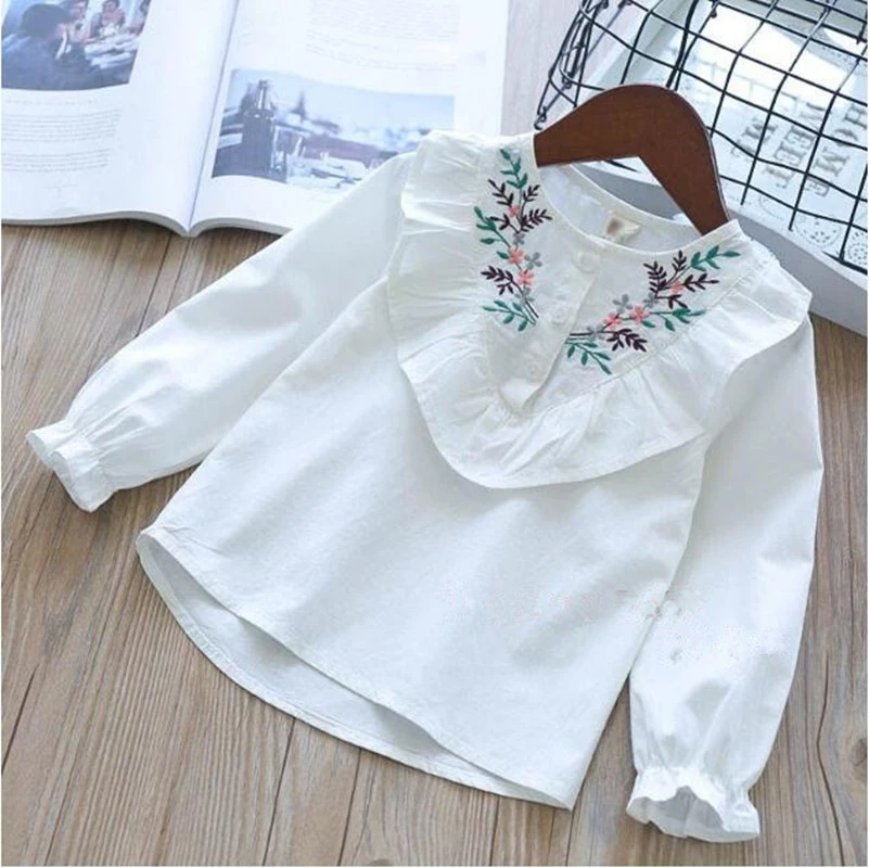 

Autumn Baby Blouse For Girls blouse tops white ruffles Embroidery Flower Toddler kids shirt School Sweatshirt children clothes