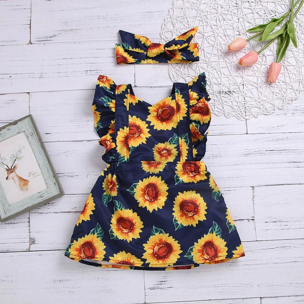 

MUQGEW 2018 Hot Sale FashionToddler Baby Girls Dress Cotton Fluffy Sleeves Dress Sunflower Printed Princess Dress With Headband