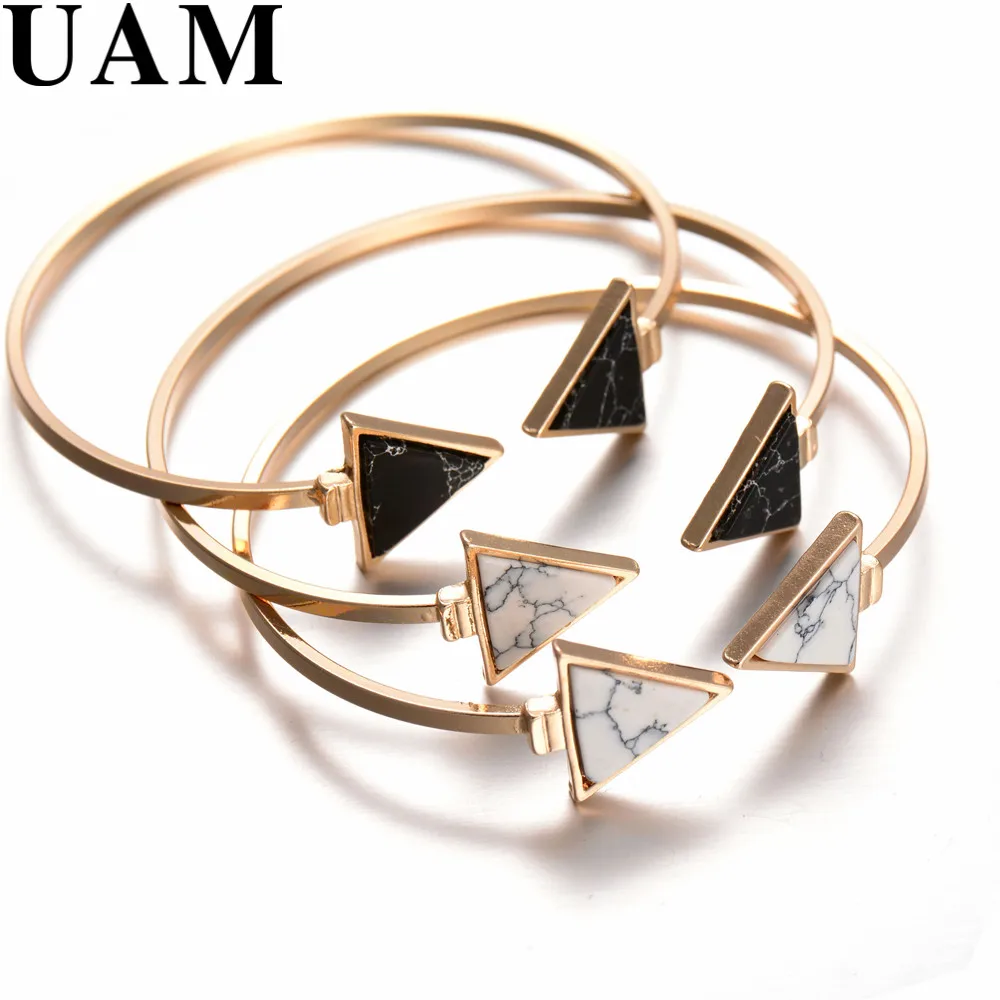 

2017 New Gold Tone Punk Trendy White Black Triangle Faux Marbleized Stone Cuff Bangle Bracelet for Women Fashion Jewelry