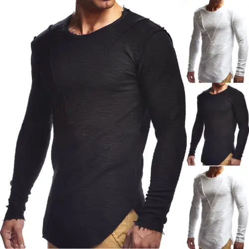 Mens Knit Turtleneck Sweater Slim Fit Long Sleeve Muscle Tee Shirt Irregular Hem Tops
