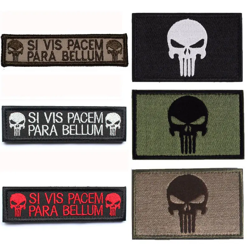 Punisher Skull Si Vis Pacem Para Bellum Tactical Morale Patch with Backing Decorative Embroidered Appliques Bundle 2 Pieces Black Grey