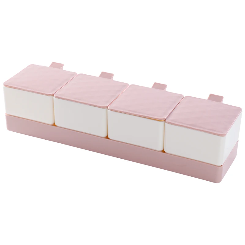 

Detachable Pink 4 Grids Spice Box With Spoons Plastic Pepper Herb Sugar Salt Seasoning Storage Bottle Kitchen Cooking Tool
